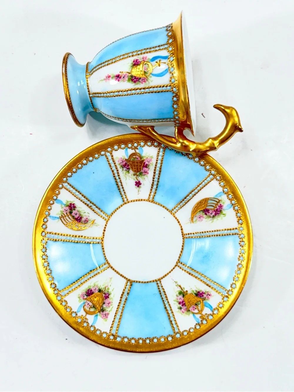 SUPER RARE Antique 1900s Rosenthal Tea Cup Saucer Set Sky Blue Gold Swan Handle